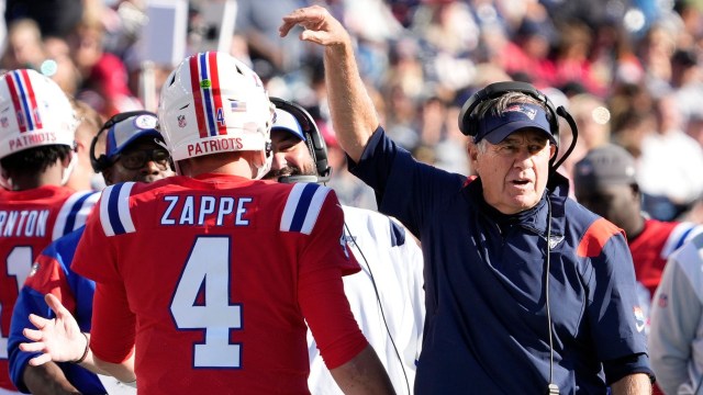 NFL quarterback Bailey Zappe and New England Patriots head coach Bill Belichick