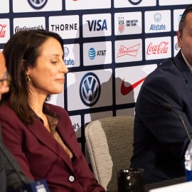 US Soccer president Carlos Cordeiro, former USWNT general manager Kate Markgraf, and former USWNT manager Vlatko Andonovski