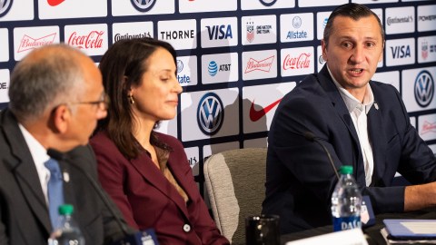 US Soccer president Carlos Cordeiro, former USWNT general manager Kate Markgraf, and former USWNT manager Vlatko Andonovski