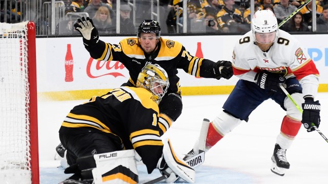 Boston Bruins goaltender Jeremy Swayman and defenseman Charlie McAvoy