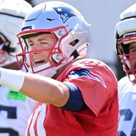 August 10, 2023; Foxborough, MA, USA; New England Patriots quarterback  Malik Cunningham (16), New England Patriots wide receiver Demario Douglas  (81) and Houston Texans wide receiver Tank Dell (13) pose for pictures