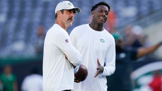 New York Jets quarterback Aaron Rodgers and cornerback Sauce Gardner