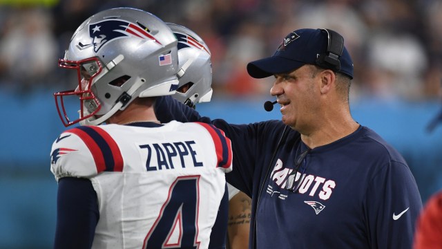 New England Patriots offensive coordinator Bill O'Brien and quarterback Bailey Zappe