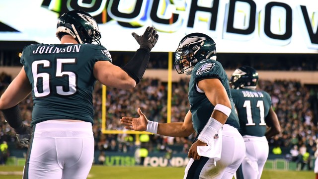 Philadelphia Eagles offensive tackle Lane Johnson, quarterback Jalen Hurts