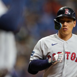 Boston Red Sox RP Joely Rodriguez points skyward at the conclusion