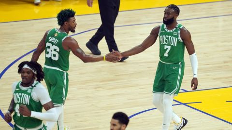 Boston Celtics guards Jaylen Brown and Marcus Smart