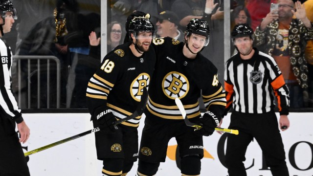 Boston Bruins forwards Pavel Zacha and Danton Heinen