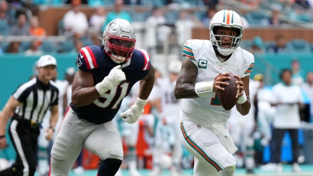 New England Patriots defensive end Deatrich Wise Jr., Miami Dolphins quarterback Tua Tagovailoa