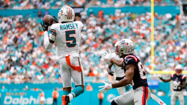 Miami Dolphins cornerback Jalen Ramsey, New England Patriots wide receiver Kendrick Bourne