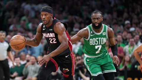 Boston Celtics forward Jaylen Brown and Miami Heat forward Jimmy Butler