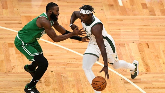 Boston Celtics guards Jaylen Brown and Jrue Holiday
