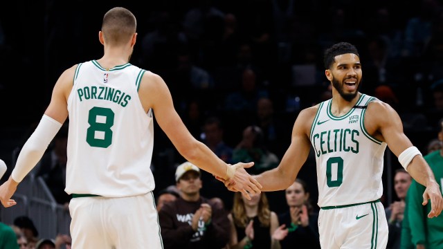 Boston Celtics teammates Kristaps Porzingis and Jayson Tatum