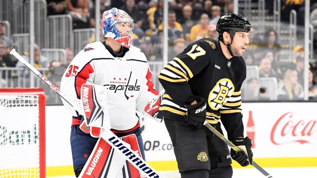 Boston Bruins forward Milan Lucic and Washington Capitals goaltender Darcy Kuemper