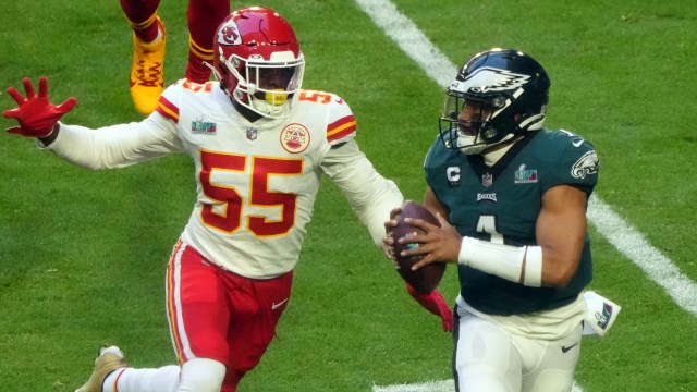Kansas City Chiefs defensive end Frank Clark, Philadelphia Eagles quarterback Jalen Hurts