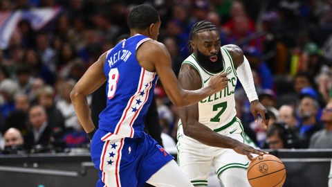Boston Celtics guard Jaylen Brown and Philadelphia 76ers guard De'Anthony Melton