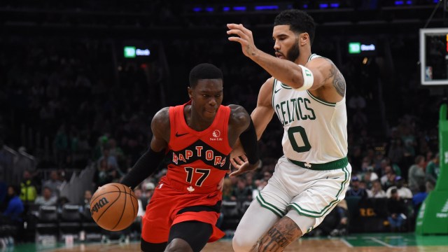 Boston Celtics forward Jayson Tatum and Toronto Raptors guard Dennis Schröder
