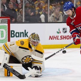 Boston Bruins goalie Jeremy Swayman and Montreal Canadiens right wing Josh Anderson