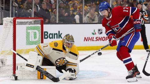 Boston Bruins goalie Jeremy Swayman and Montreal Canadiens right wing Josh Anderson