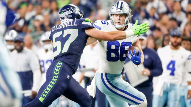Dallas Cowboys tight end Luke Schoonmaker and Seattle Seahawks linebacker Patrick O'Connell