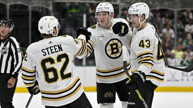 Boston Bruins forwards Danton Heinen and Oskar Steen and defenseman Mason Lohrei