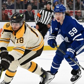 Boston Bruins forward Pavel Zacha and Toronto Maple Leafs forward Tyler Bertuzzi