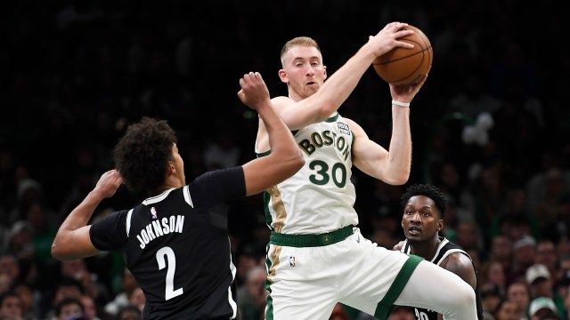 Boston Celtics forward Sam Hauser and Brooklyn Nets forward Cameron Johnson