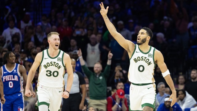 Boston Celtics forwards Sam Hauser and Jayson Tatum
