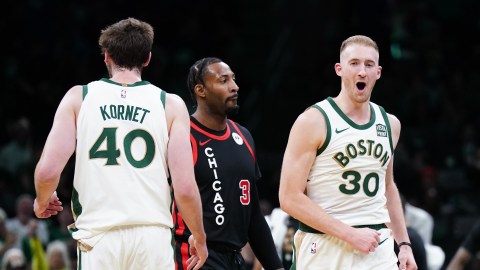 Boston Celtics forward Sam Hauser and center Luke Kornet and Chicago Bulls center Andre Drummond