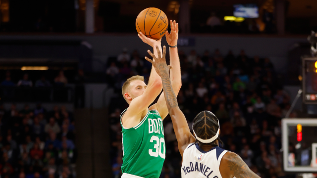 Boston Celtics forward Sam Hauser, Minnesota Timberwolves forward Jaden McDaniels
