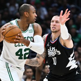 Boston Celtics center Al Horford and Los Angeles Clippers center Daniel Theis