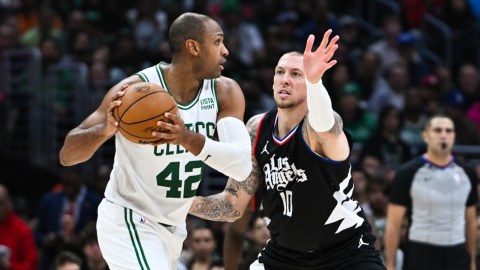 Boston Celtics center Al Horford and Los Angeles Clippers center Daniel Theis