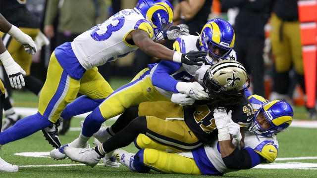New Orleans Saints running back Alvin Kamara and Los Angeles Rams defensive tackle Aaron Donald