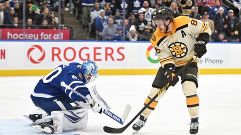Boston Bruins forward David Pastrnak and Toronto Maple Leafs goalie Joseph Woll