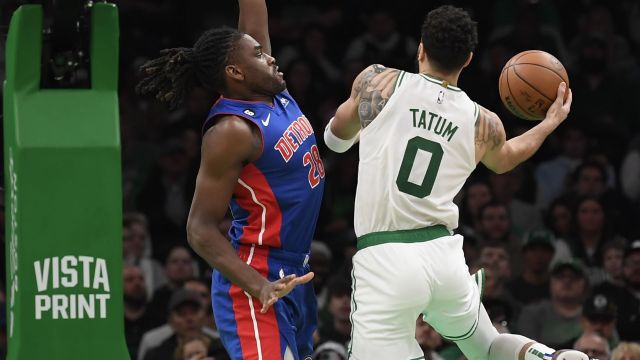 Detroit Pistons center Isaiah Stewart and Boston Celtics forward Jayson Tatum