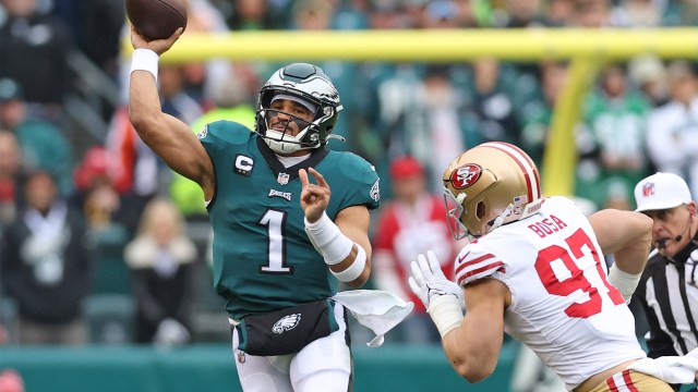 Philadelphia Eagles quarterback jalen hurts and San Francisco 49ers defensive edge Nick Bosa