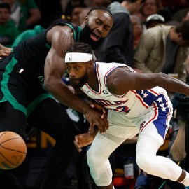 Boston Celtics guard Jaylen Brown and Philadelphia 76ers guard Patrick Beverley