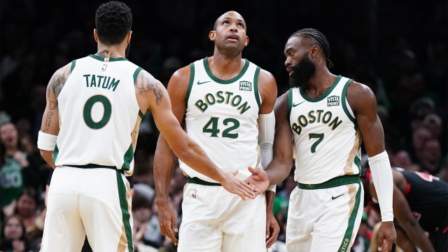 Boston Celtics forwards Jayson Tatum, Jaylen Brown, and Al Horford
