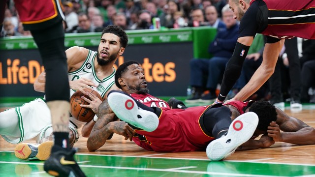 Boston Celtics forward Jayson Tatum and Miami Heat Udonis Haslem