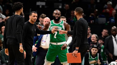 Boston Celtics head coach Joe Mazzulla and guard Jaylen Brown