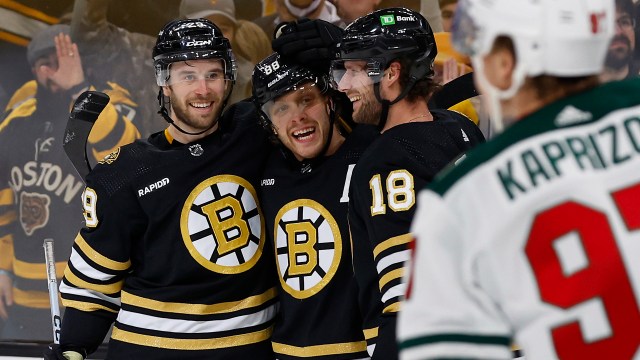 Boston Bruins defenseman Parker Wotherspoon and forwards David Pastrnak and Pavel Zacha