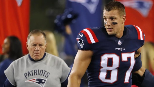 Former New England Patriots tight end Rob Gronkowski and head coach Bill Belichick