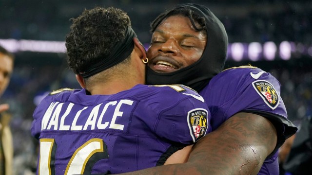 Baltimore Ravens wide receiver Tylan Wallace and quarterback Lamar Jackson