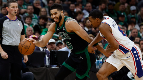 Boston Celtics forward Jayson Tatum, Philadelphia 76ers guard De'Anthony Melton