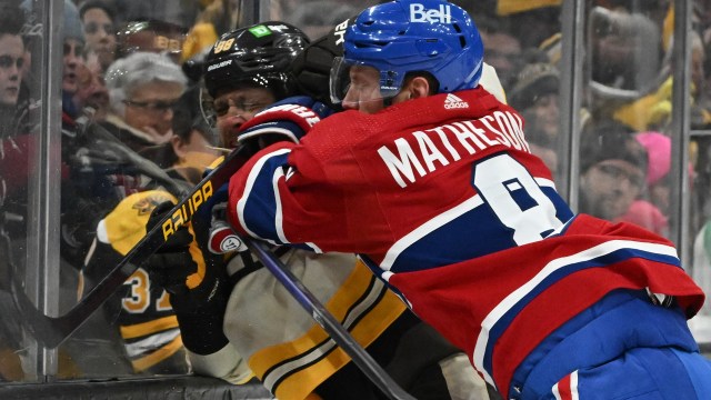 Boston Bruins forward David Pastrnak and Montreal Canadiens defenseman Mike Matheson