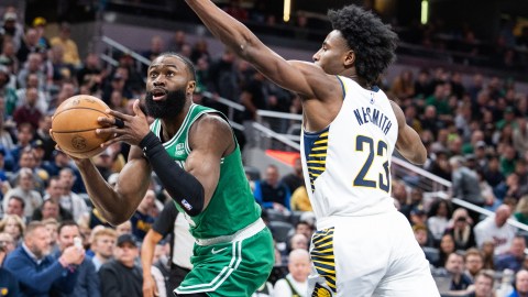 Boston Celtics guard Jaylen Brown and Indiana Pacers forward Aaron Nesmith