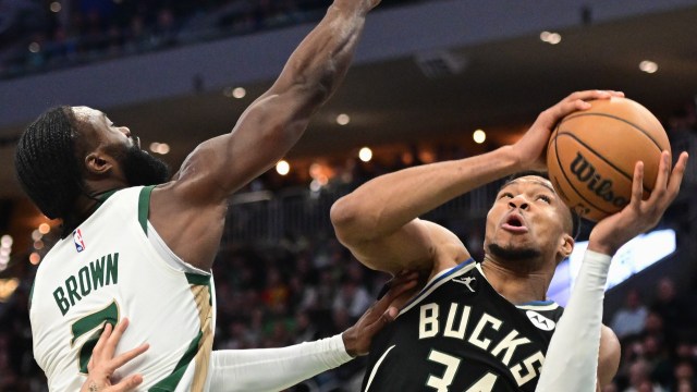 Boston Celtics guard Jaylen Brown and Milwaukee Bucks forward Giannis Antetokounmpo