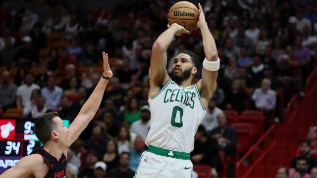 Boston Celtics star forward Jayson Tatum and Miami Heat forward Duncan Robinson