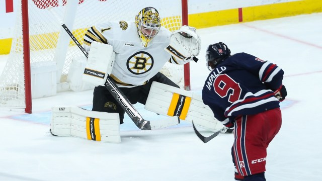 Boston Bruins goalie Jeremy Swayman, Winnipeg Jets forward Alex Iafallo