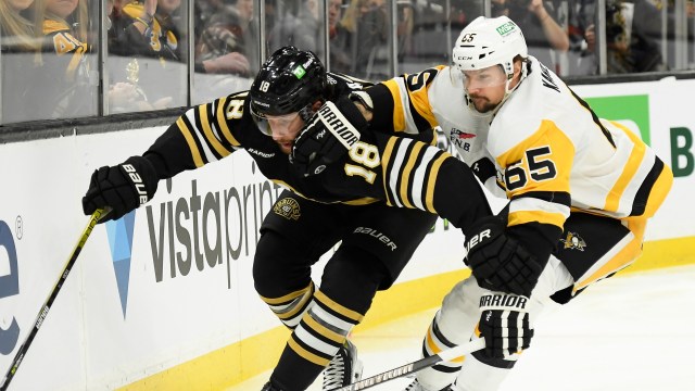 Boston Bruins forward Pavel Zacha and Pittsburgh Penguins defenseman Erik Karlsson