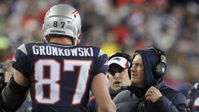 Former New England Patriots tight end Rob Gronkowski and coach Bill Belichick